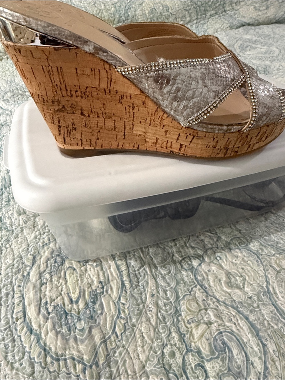 GUESS Silver Rhinestone Cork Wedge Slide Sandals